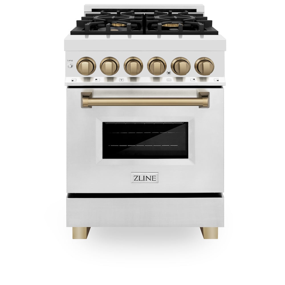 ZLINE Autograph Edition 24 in. 2.8 cu. ft. Legacy Dual Fuel Range with 4 Burner Gas Cooktop and Electric Convection Oven in Stainless Steel and Champagne Bronze Accents, Open Box-Good Condition
