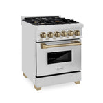 ZLINE Autograph Edition 24 in. 2.8 cu. ft. Legacy Dual Fuel Range with 4 Burner Gas Cooktop and Electric Convection Oven in Stainless Steel and Champagne Bronze Accents, Open Box-Good Condition