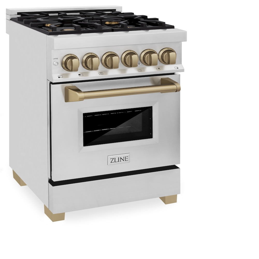 ZLINE Autograph Edition 24 in. 2.8 cu. ft. Legacy Dual Fuel Range with 4 Burner Gas Cooktop and Electric Convection Oven in Stainless Steel and Champagne Bronze Accents, Open Box-Good Condition