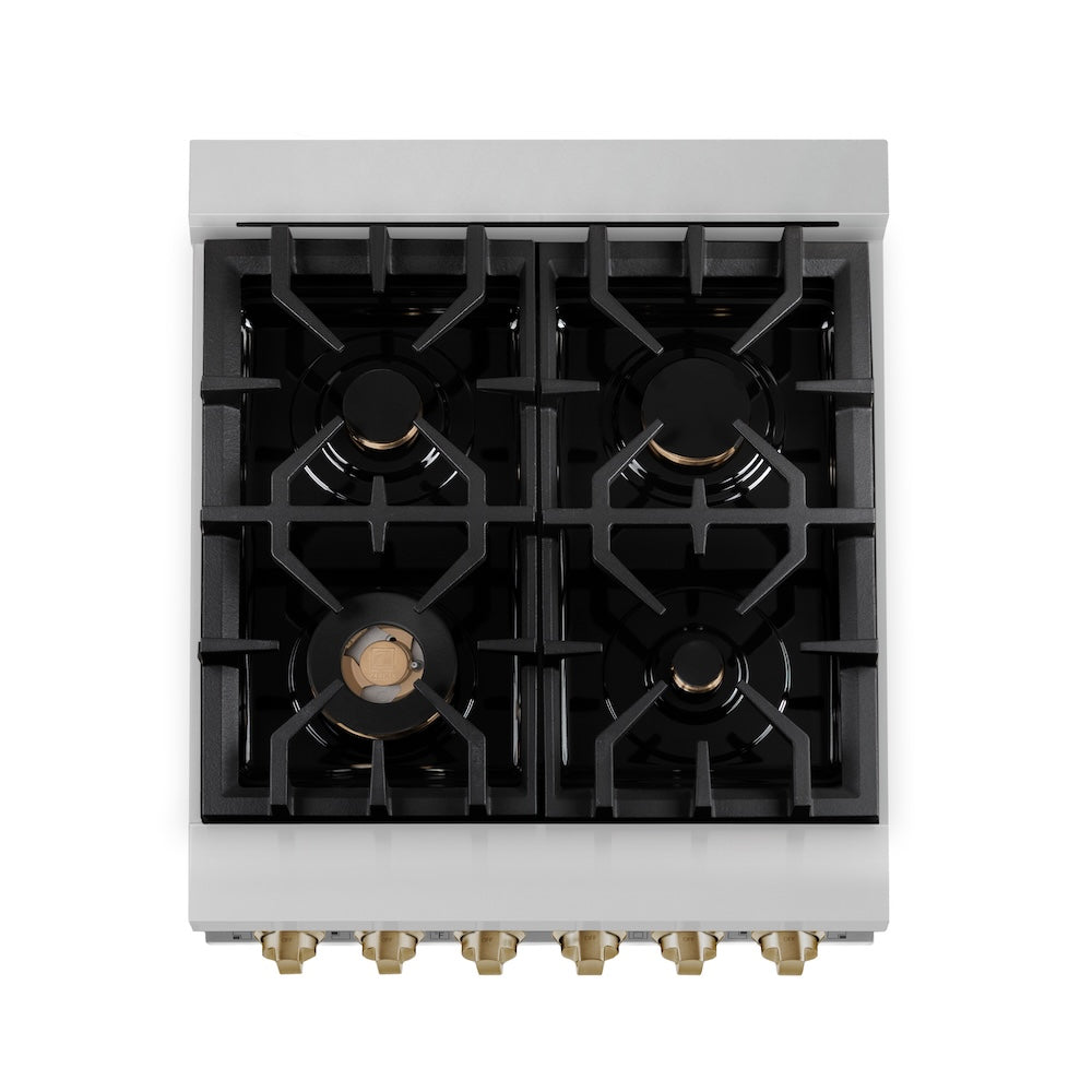 ZLINE Autograph Edition 24 in. 2.8 cu. ft. Legacy Dual Fuel Range with 4 Burner Gas Cooktop and Electric Convection Oven in Stainless Steel and Champagne Bronze Accents, Open Box-Good Condition