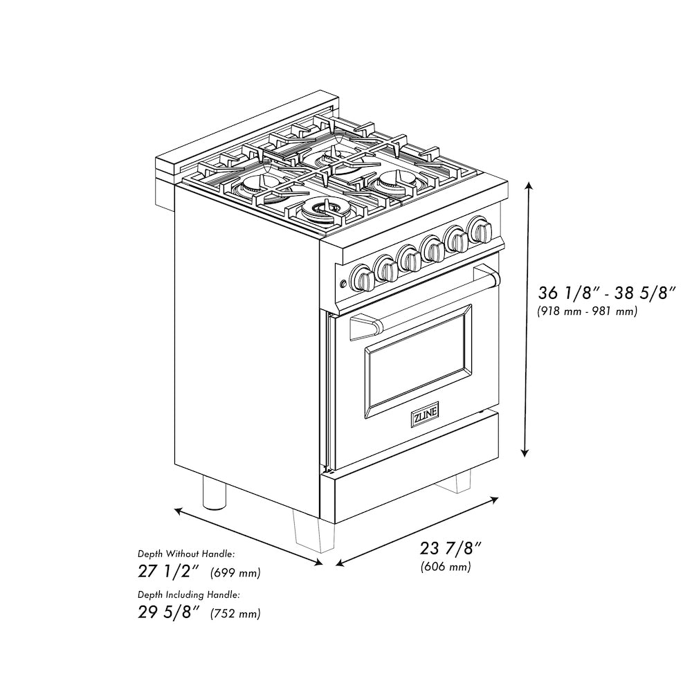 ZLINE Autograph Edition 24 in. 2.8 cu. ft. Legacy Dual Fuel Range with 4 Burner Gas Cooktop and Electric Convection Oven in Stainless Steel and Polished Gold Accents (RAZ-24-G) dimensional diagram.
