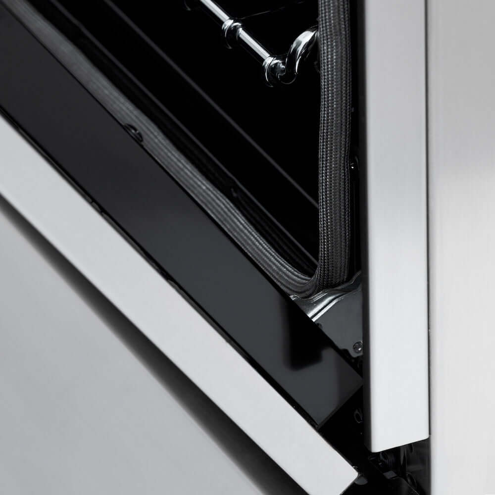 ZLINE Autograph Edition 24 in. 2.8 cu. ft. Legacy Dual Fuel Range with 4 Burner Gas Cooktop and Electric Convection Oven in Stainless Steel and Polished Gold Accents (RAZ-24-G) detail StayPut oven door hinges.