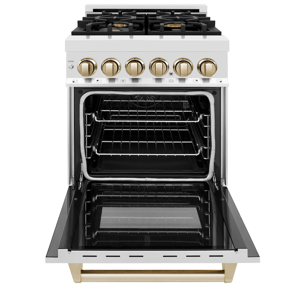 ZLINE Autograph Edition 24 in. 2.8 cu. ft. Dual Fuel Range with Gas Stove and Electric Oven in Stainless Steel with Polished Gold Accents (RAZ-24-G) front, oven open.