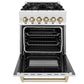 ZLINE Autograph Edition 24 in. 2.8 cu. ft. Legacy Dual Fuel Range with 4 Burner Gas Cooktop and Electric Convection Oven in Stainless Steel and Polished Gold Accents (RAZ-24-G) front, oven open.