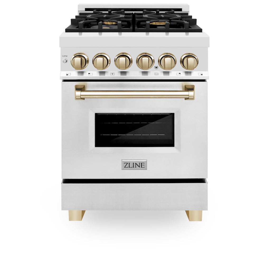 ZLINE Autograph Edition 24 in. 2.8 cu. ft. Dual Fuel Range with Gas Stove and Electric Oven in Stainless Steel with Polished Gold Accents (RAZ-24-G) front, oven closed.