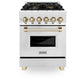 ZLINE Autograph Edition 24 in. 2.8 cu. ft. Legacy Dual Fuel Range with 4 Burner Gas Cooktop and Electric Convection Oven in Stainless Steel and Polished Gold Accents (RAZ-24-G) front, oven closed.