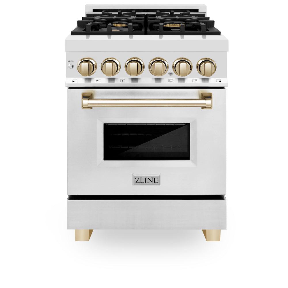 ZLINE Autograph Edition 24 in. 2.8 cu. ft. Legacy Dual Fuel Range with 4 Burner Gas Cooktop and Electric Convection Oven in Stainless Steel and Polished Gold Accents (RAZ-24-G) front, oven closed.
