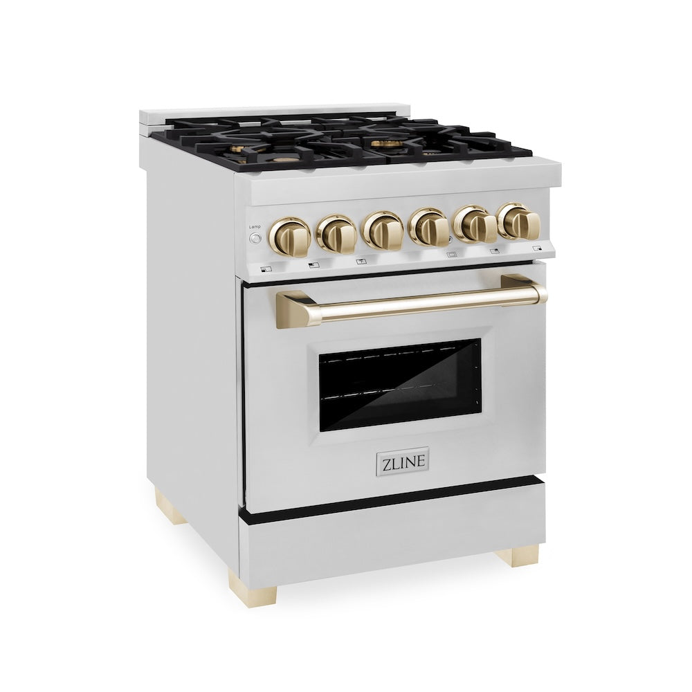 ZLINE Autograph Edition 24 in. 2.8 cu. ft. Legacy Dual Fuel Range with 4 Burner Gas Cooktop and Electric Convection Oven in Stainless Steel and Polished Gold Accents, Open Box-Good Condition