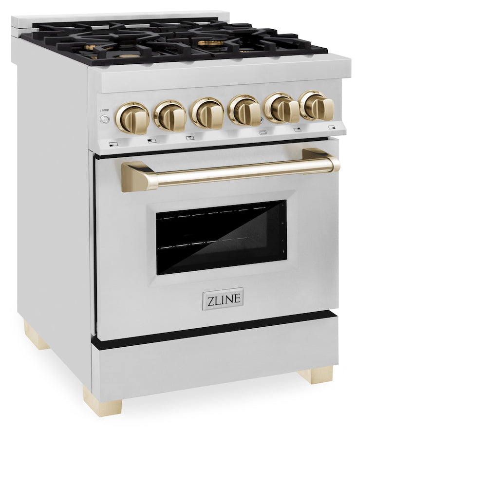 ZLINE Autograph Edition 24 in. 2.8 cu. ft. Dual Fuel Range with Gas Stove and Electric Oven in Stainless Steel with Polished Gold Accents (RAZ-24-G) side, oven closed.