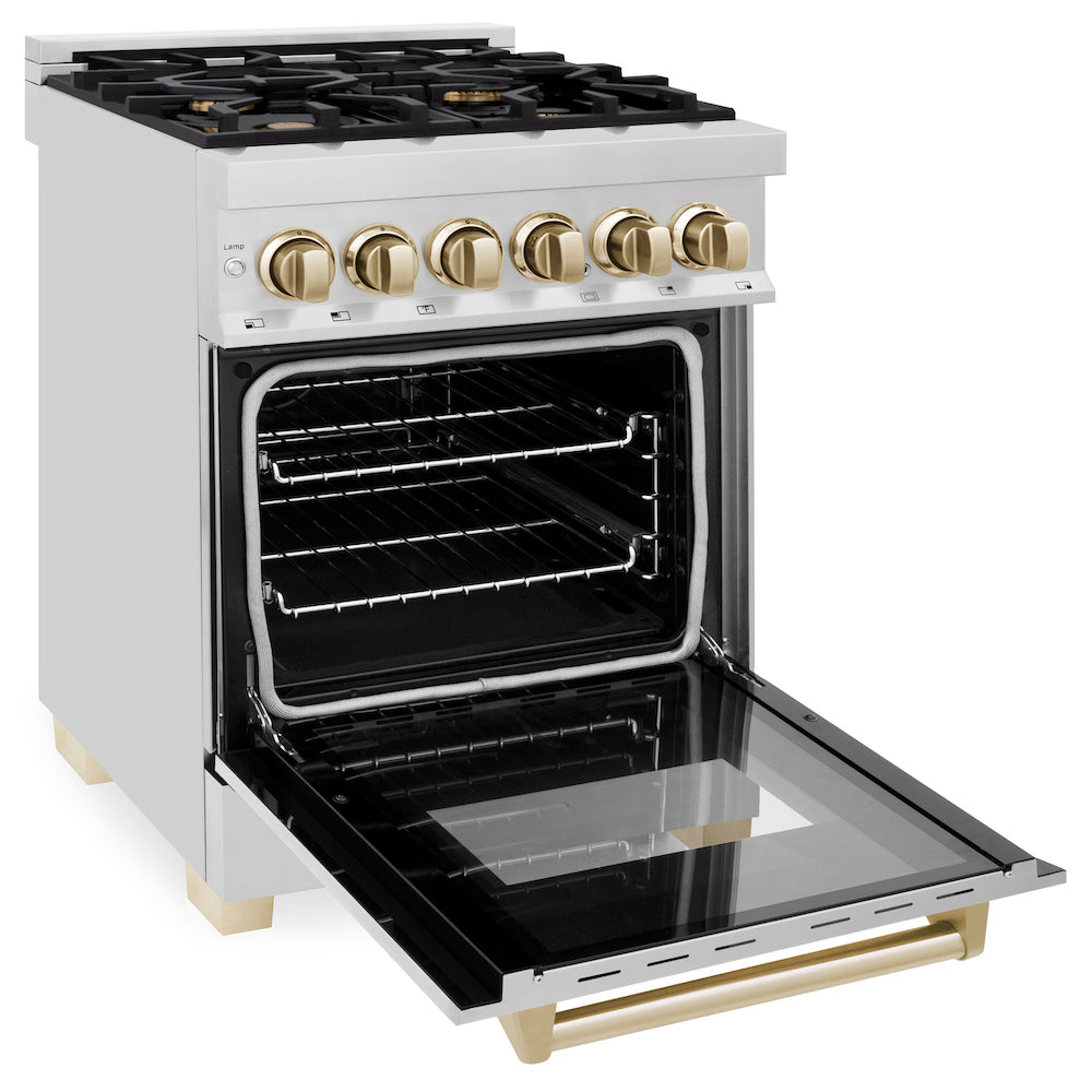 ZLINE Autograph Edition 24 in. 2.8 cu. ft. Dual Fuel Range with Gas Stove and Electric Oven in Stainless Steel with Polished Gold Accents (RAZ-24-G) side, oven open.