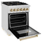 ZLINE Autograph Edition 24 in. 2.8 cu. ft. Legacy Dual Fuel Range with 4 Burner Gas Cooktop and Electric Convection Oven in Stainless Steel and Polished Gold Accents (RAZ-24-G) side, oven open.