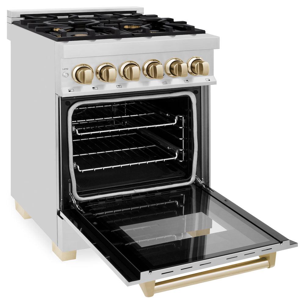 ZLINE Autograph Edition 24 in. 2.8 cu. ft. Legacy Dual Fuel Range with 4 Burner Gas Cooktop and Electric Convection Oven in Stainless Steel and Polished Gold Accents (RAZ-24-G) side, oven open.