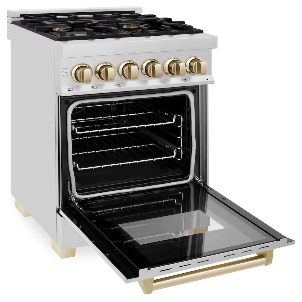 ZLINE Autograph Edition 24 in. 2.8 cu. ft. Legacy Dual Fuel Range with 4 Burner Gas Cooktop and Electric Convection Oven in Stainless Steel and Polished Gold Accents, Open Box-Good Condition