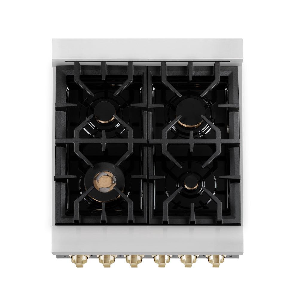 ZLINE Autograph Edition 24 in. 2.8 cu. ft. Legacy Dual Fuel Range with 4 Burner Gas Cooktop and Electric Convection Oven in Stainless Steel and Polished Gold Accents (RAZ-24-G) top-down, above cooktop.