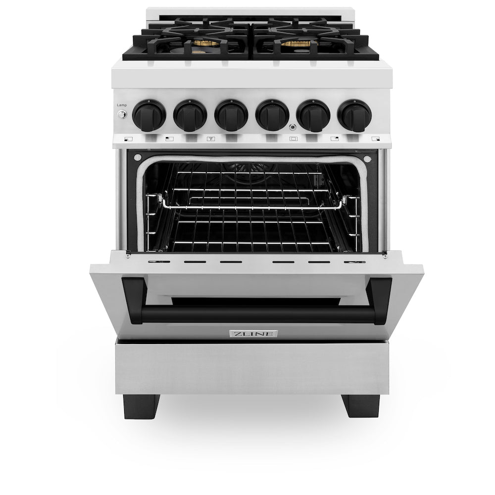 ZLINE Autograph Edition 24 in. 2.8 cu. ft. Dual Fuel Range with Gas Stove and Electric Oven in Stainless Steel with Matte Black Accents (RAZ-24-MB) front, oven half open.