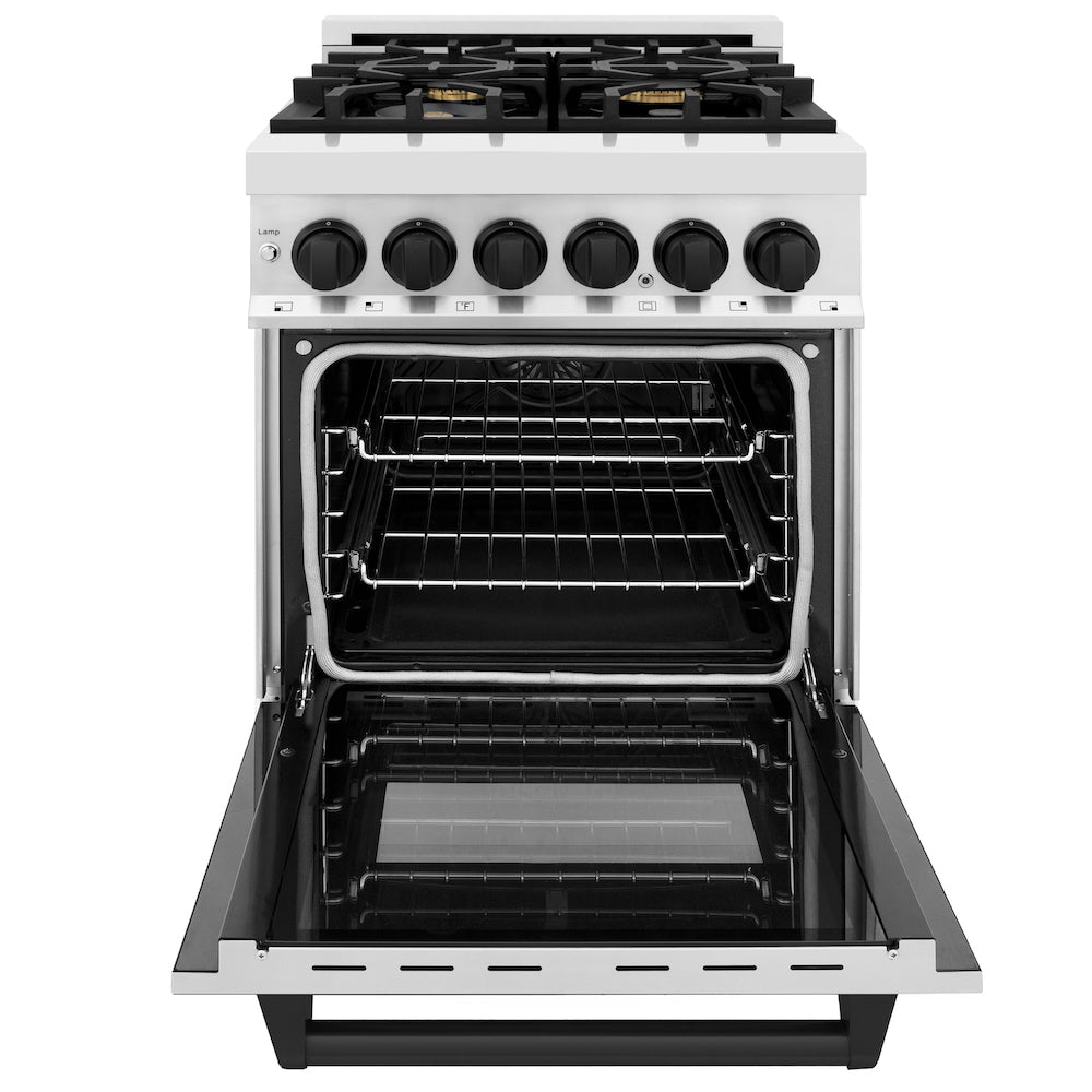 ZLINE Autograph Edition 24 in. 2.8 cu. ft. Legacy Dual Fuel Range with 4 Burner Gas Cooktop and Electric Convection Oven in Stainless Steel and Matte Black Accents (RAZ-24-MB) front, oven open.