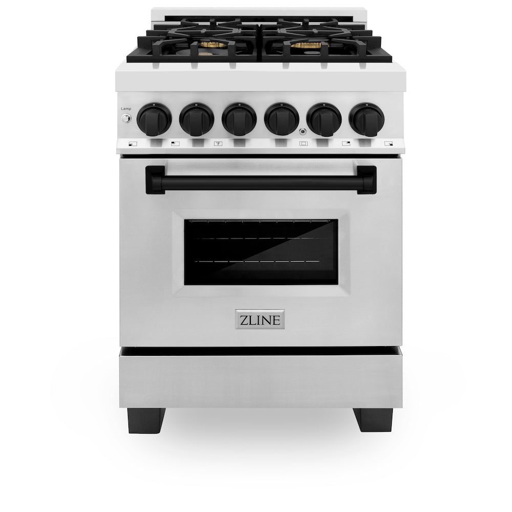 ZLINE Autograph Edition 24 in. 2.8 cu. ft. Dual Fuel Range with Gas Stove and Electric Oven in Stainless Steel with Matte Black Accents (RAZ-24-MB) front, oven closed.