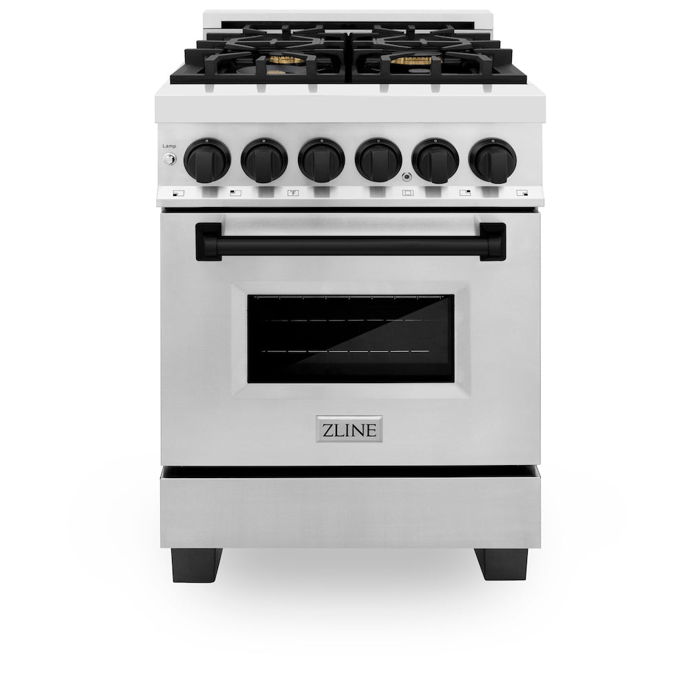 ZLINE Autograph Edition 24 in. 2.8 cu. ft. Legacy Dual Fuel Range with 4 Burner Gas Cooktop and Electric Convection Oven in Stainless Steel and Matte Black Accents (RAZ-24-MB) front, oven closed.