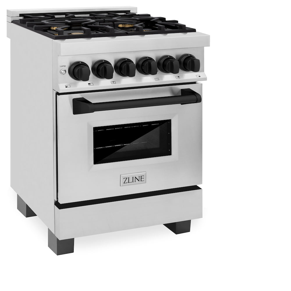 ZLINE Autograph Edition 24 in. 2.8 cu. ft. Dual Fuel Range with Gas Stove and Electric Oven in Stainless Steel with Matte Black Accents (RAZ-24-MB) side, oven closed.