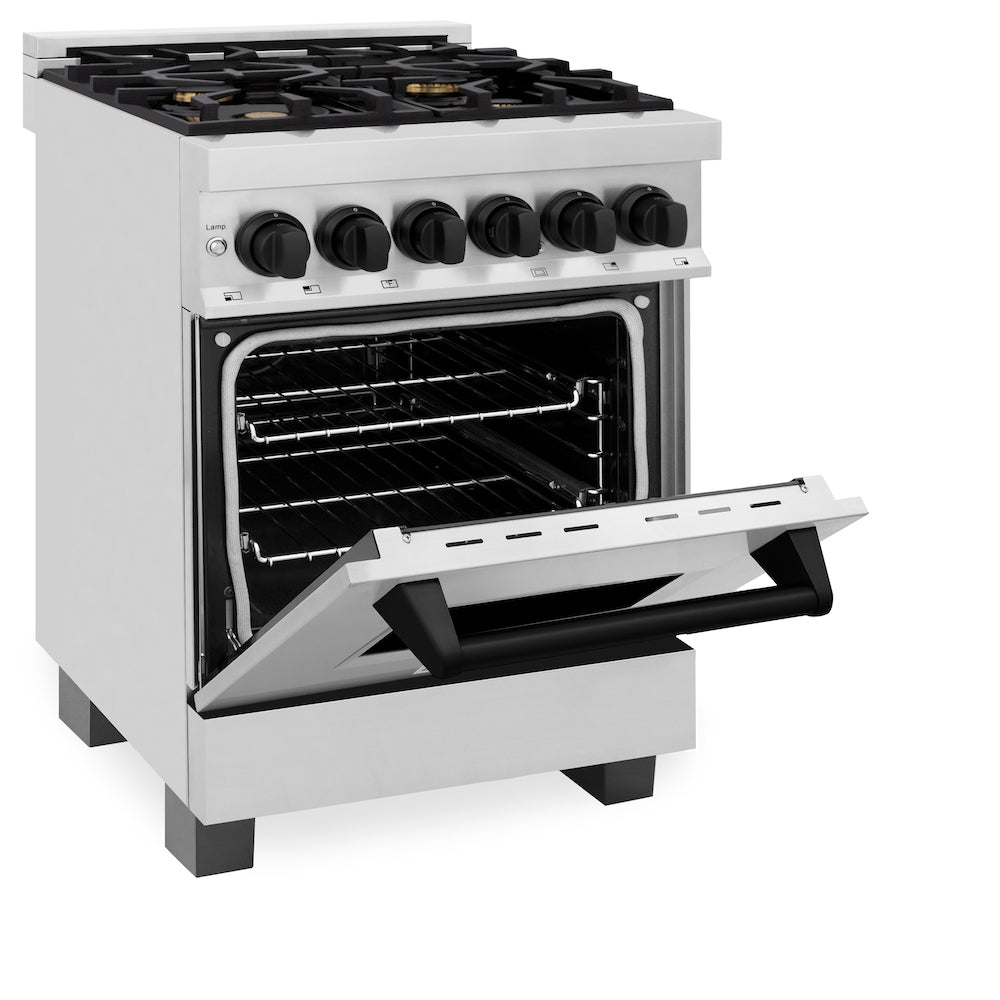 ZLINE Autograph Edition 24 in. 2.8 cu. ft. Dual Fuel Range with Gas Stove and Electric Oven in Stainless Steel with Matte Black Accents (RAZ-24-MB) side, oven half open.