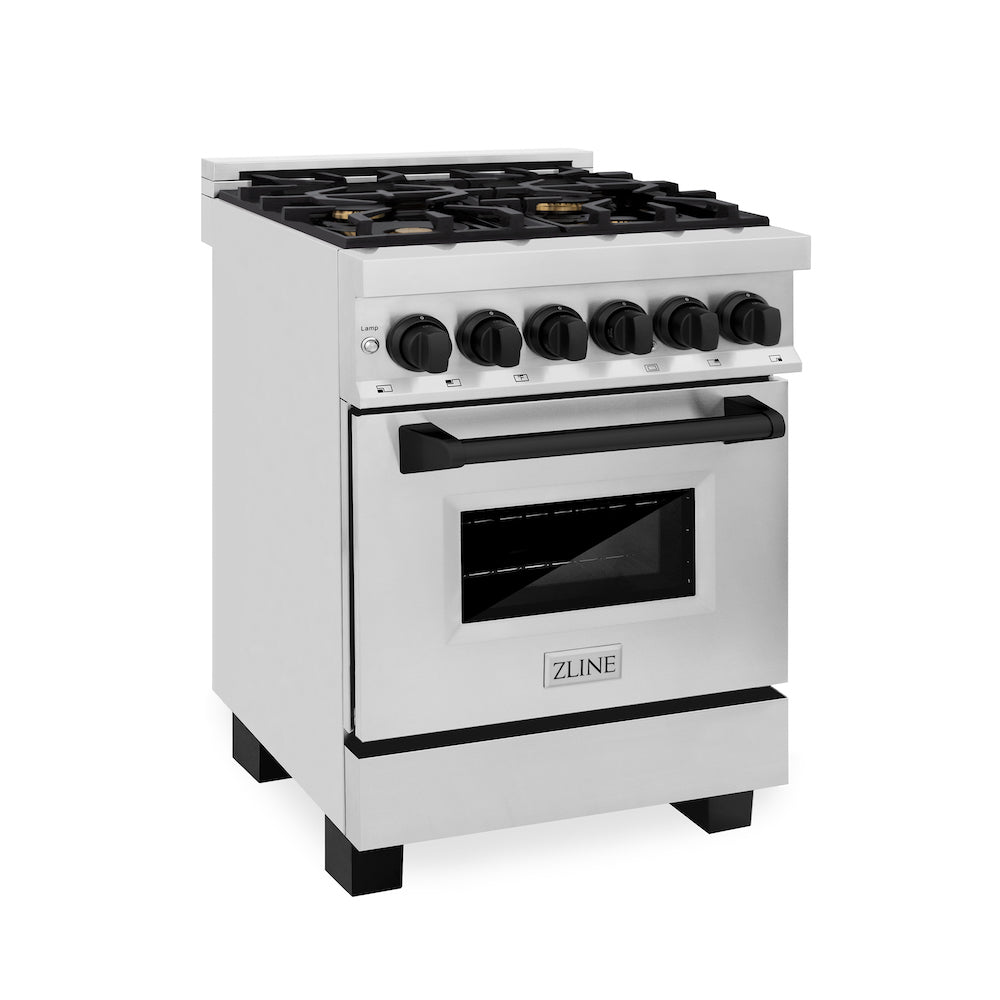 ZLINE Autograph Edition 24 in. 2.8 cu. ft. Dual Fuel Range with Gas Stove and Electric Oven in Stainless Steel with Matte Black Accents (RAZ-24-MB) side, oven closed.