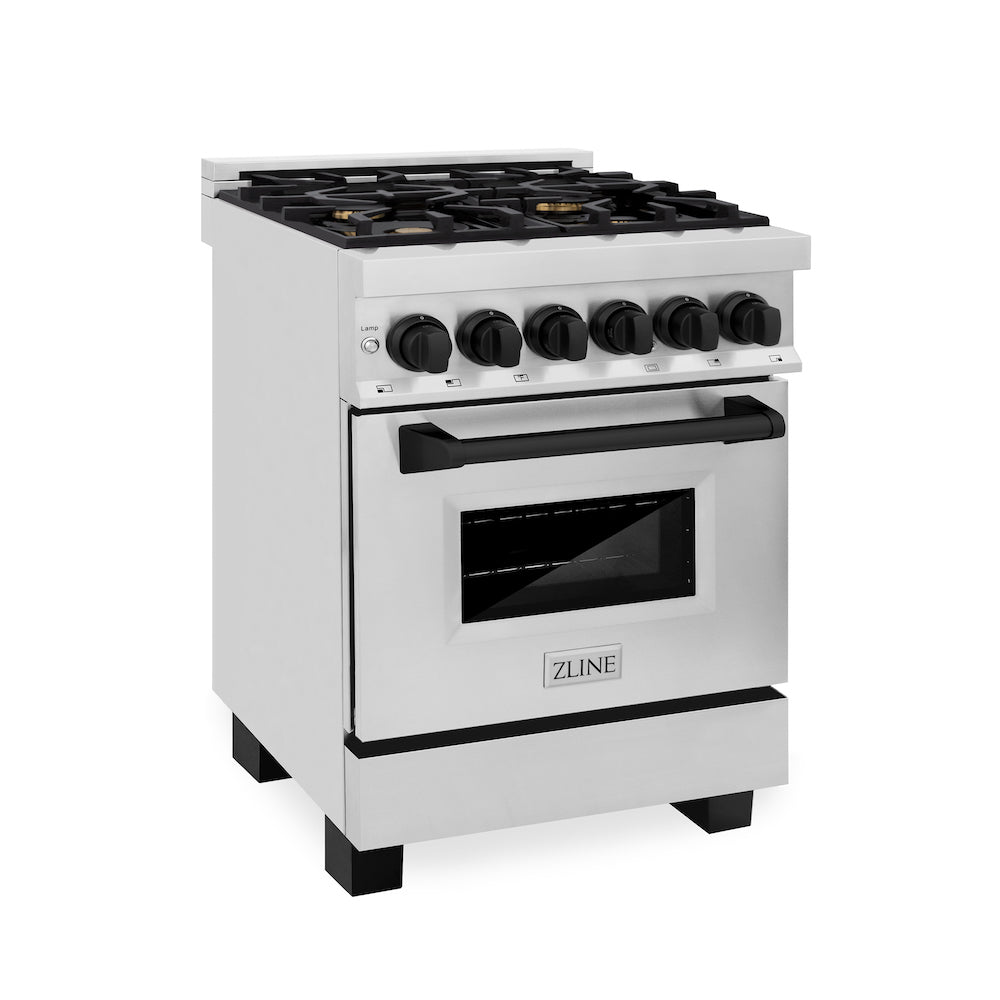 ZLINE Autograph Edition 24 in. 2.8 cu. ft. Legacy Dual Fuel Range with 4 Burner Gas Cooktop and Electric Convection Oven in Stainless Steel and Matte Black Accents (RAZ-24-MB) side, oven closed.