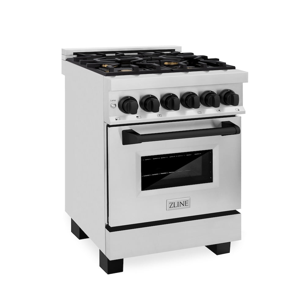 ZLINE Autograph Edition 24 in. 2.8 cu. ft. Legacy Dual Fuel Range with 4 Burner Gas Cooktop and Electric Convection Oven in Stainless Steel and Matte Black Accents, Open Box-Good Condition
