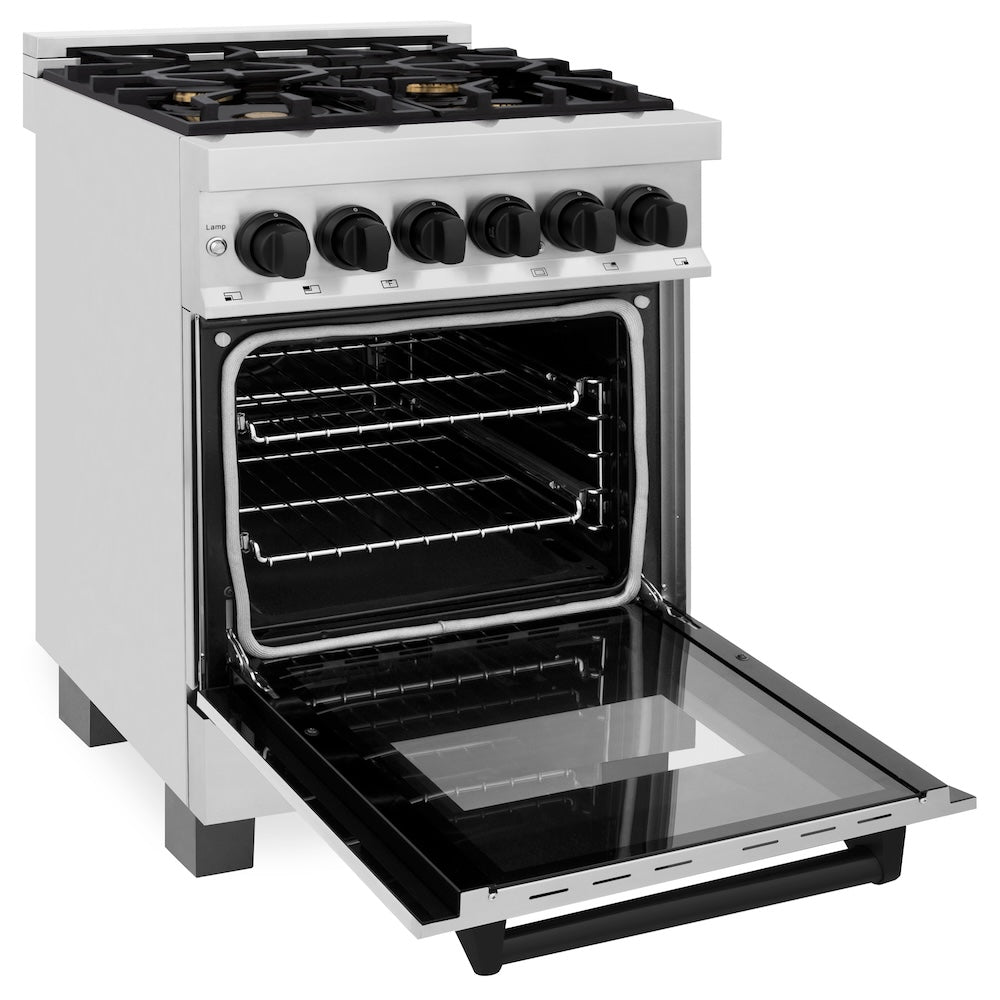 ZLINE Autograph Edition 24 in. 2.8 cu. ft. Legacy Dual Fuel Range with 4 Burner Gas Cooktop and Electric Convection Oven in Stainless Steel and Matte Black Accents, Open Box-Good Condition