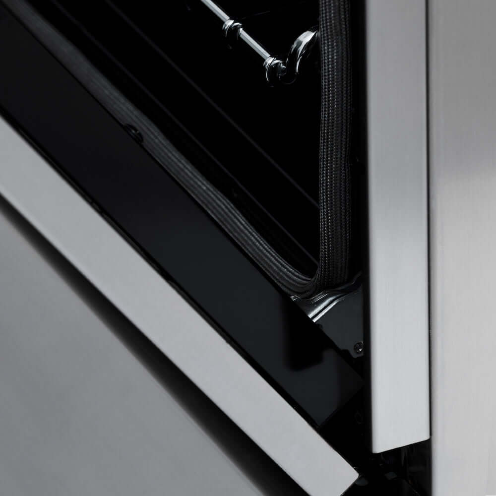ZLINE Autograph Edition 24 in. 2.8 cu. ft. Dual Fuel Range with Gas Stove and Electric Oven in Stainless Steel with Matte Black Accents (RAZ-24-MB) StayPut Oven Door Hinges close-up.