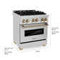 ZLINE Autograph Edition 30 in. 4.0 cu. ft. Legacy Dual Fuel Range with 4 Burner Gas Cooktop and Electric Convection Oven in Stainless Steel and Champagne Bronze Accents (RAZ-30-CB) dimensional diagram.