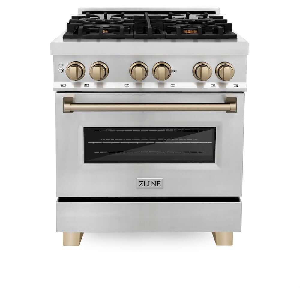 ZLINE Autograph Edition 30 in. 4.0 cu. ft. Legacy Dual Fuel Range with 4 Burner Gas Cooktop and Electric Convection Oven in Stainless Steel and Champagne Bronze Accents, Open Box-Great Condition