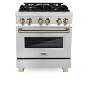 ZLINE Autograph Edition 30 in. Kitchen Package with Stainless Steel Dual Fuel Range and Range Hood with Champagne Bronze Accents (2AKP-RARH30-CB)