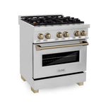 ZLINE Autograph Edition 30 in. 4.0 cu. ft. Legacy Dual Fuel Range with 4 Burner Gas Cooktop and Electric Convection Oven in Stainless Steel and Champagne Bronze Accents, Open Box-Excellent Condition main image.
