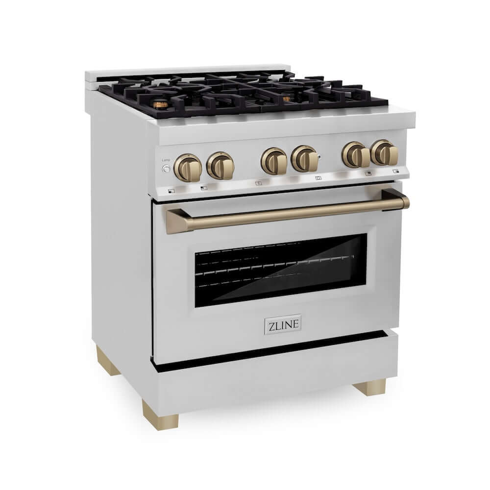 ZLINE Autograph Edition 30 in. 4.0 cu. ft. Legacy Dual Fuel Range with 4 Burner Gas Cooktop and Electric Convection Oven in Stainless Steel and Champagne Bronze Accents, Open Box-Excellent Condition main image.