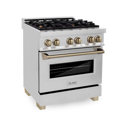 ZLINE Autograph Edition 30 in. 4.0 cu. ft. Legacy Dual Fuel Range with 4 Burner Gas Cooktop and Electric Convection Oven in Stainless Steel and Champagne Bronze Accents, Open Box-Excellent Condition main image.