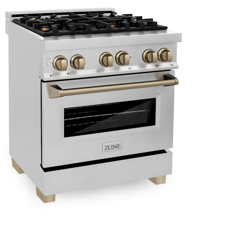 ZLINE Autograph Edition 30 in. 4.0 cu. ft. Dual Fuel Range with Gas Stove and Electric Oven in Stainless Steel with Champagne Bronze Accents (RAZ-30-CB) side, oven closed.