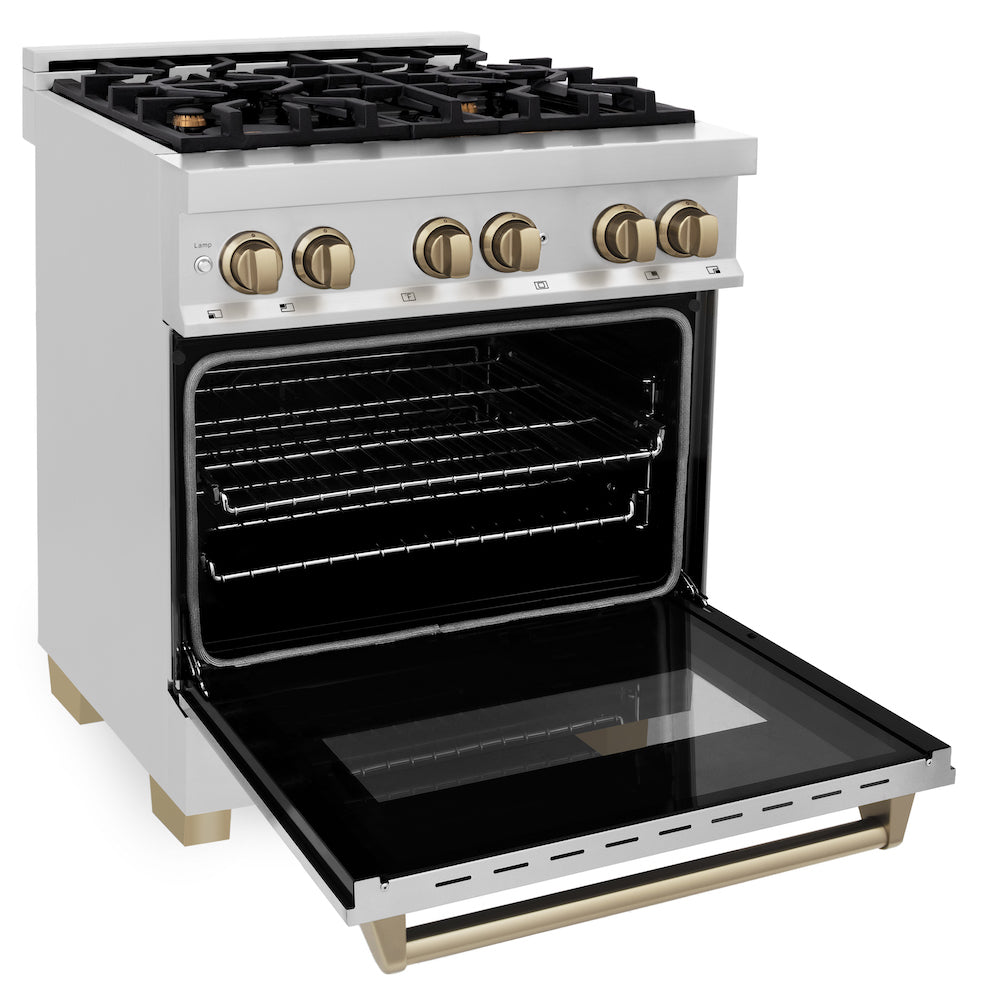 ZLINE Autograph Edition 30 in. 4.0 cu. ft. Dual Fuel Range with Gas Stove and Electric Oven in Stainless Steel with Champagne Bronze Accents (RAZ-30-CB) side, oven open.