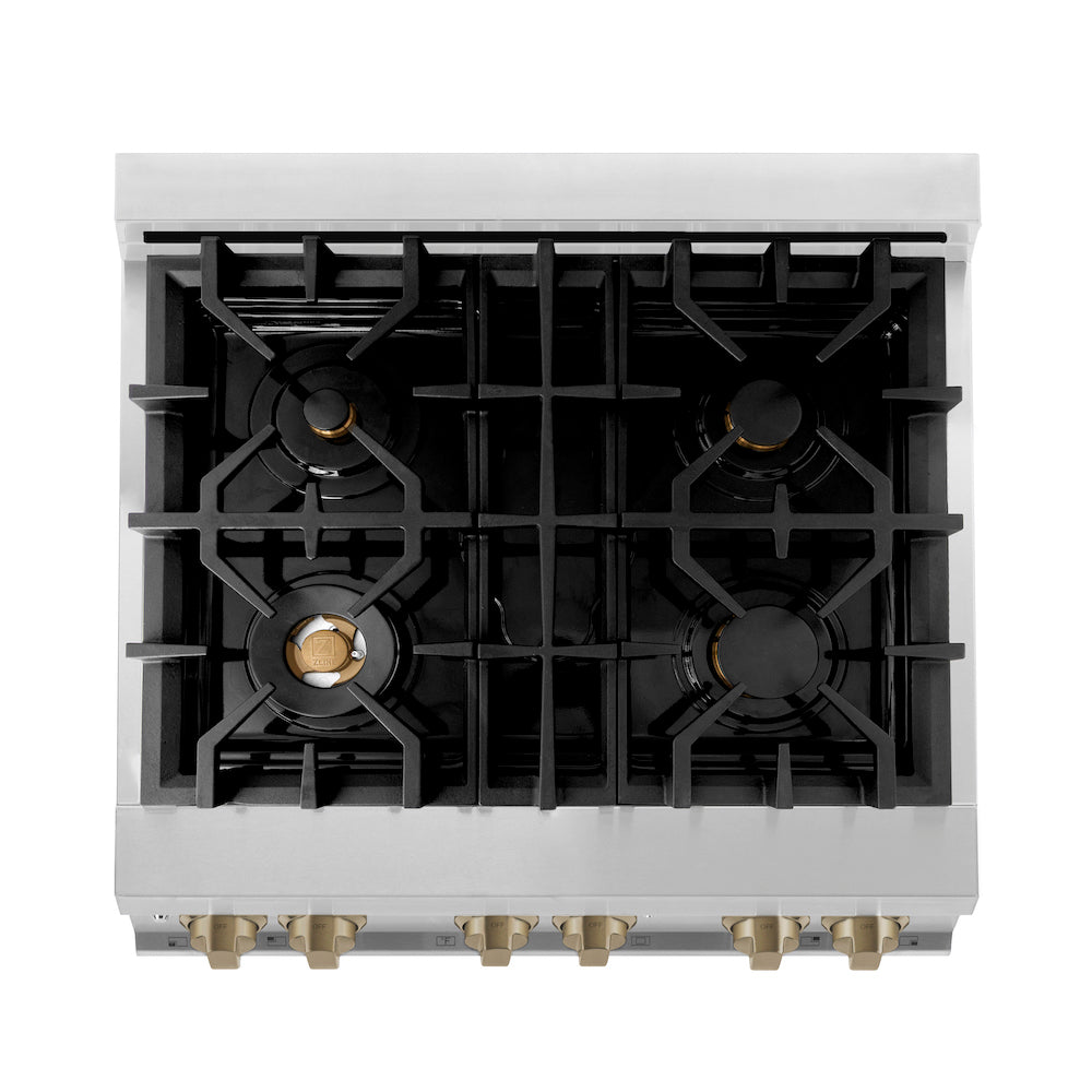 ZLINE Autograph Edition 30 in. 4.0 cu. ft. Dual Fuel Range with Gas Stove and Electric Oven in Stainless Steel with Champagne Bronze Accents (RAZ-30-CB) from above, showing cooktop.