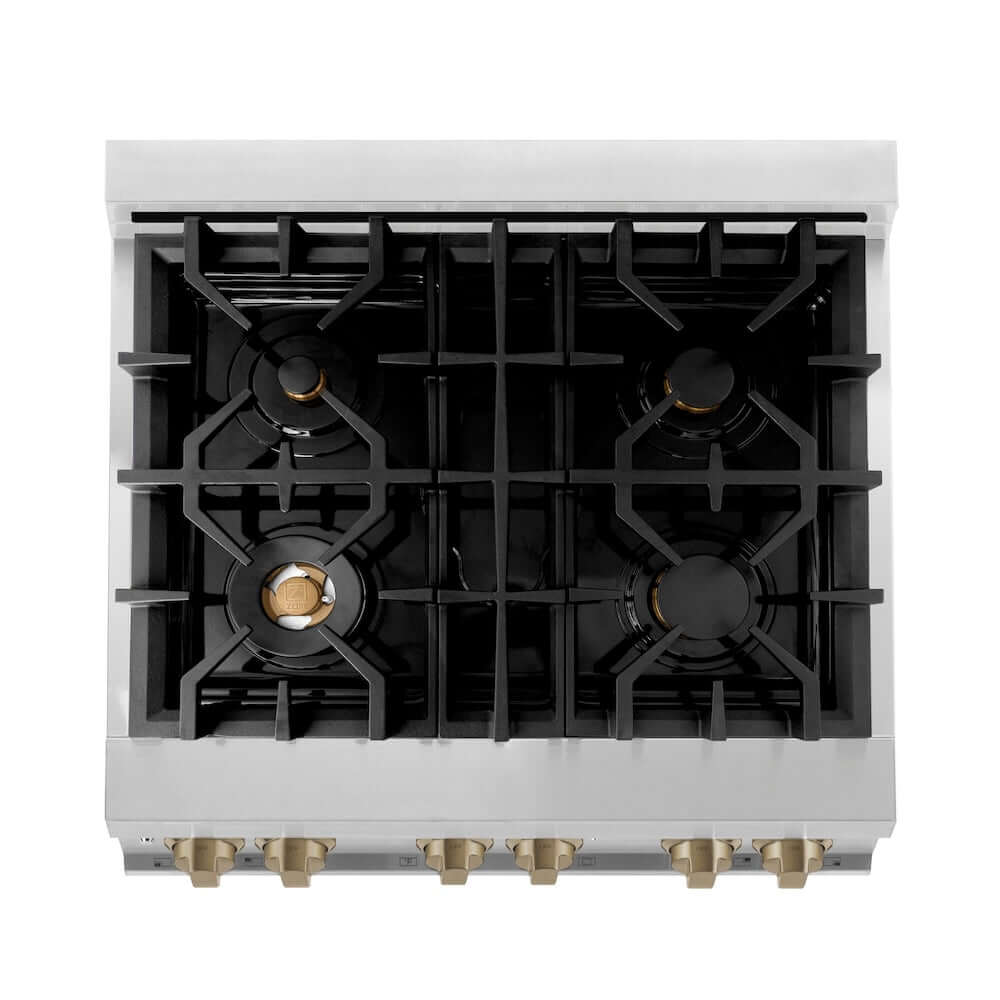 ZLINE Autograph Edition 30 in. 4.0 cu. ft. Legacy Dual Fuel Range with 4 Burner Gas Cooktop and Electric Convection Oven in Stainless Steel and Champagne Bronze Accents, Open Box-Great Condition