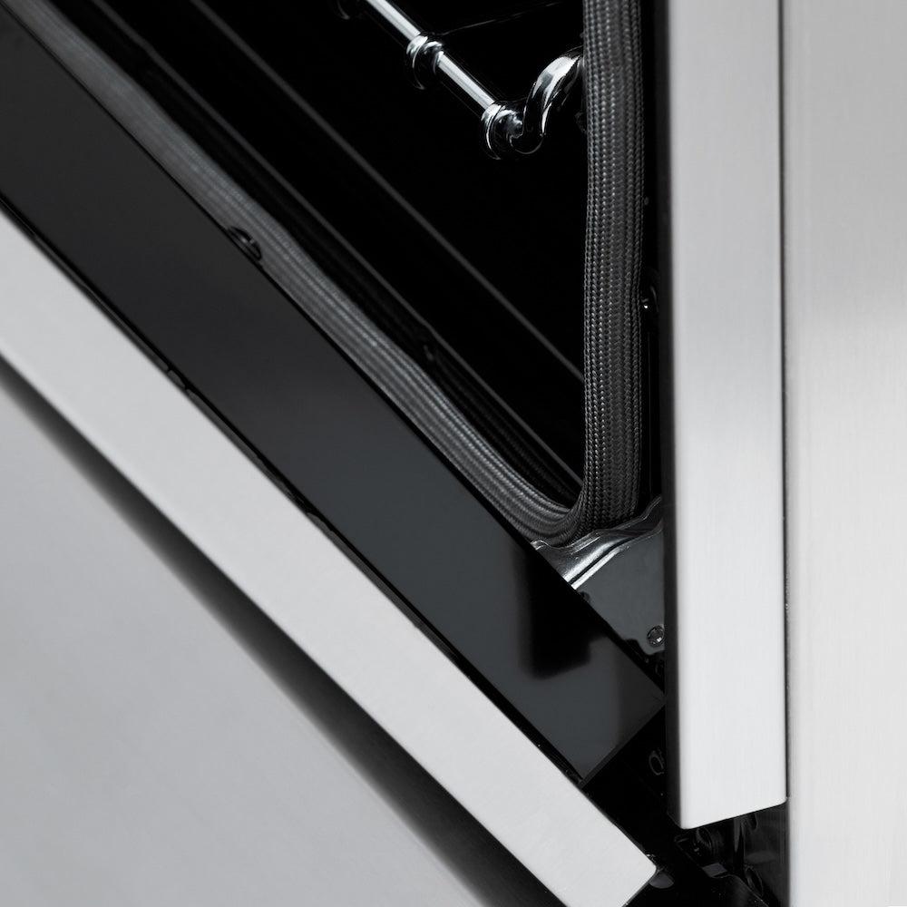 ZLINE Autograph Edition 30 in. 4.0 cu. ft. Legacy Dual Fuel Range with 4 Burner Gas Cooktop and Electric Convection Oven in Stainless Steel and Polished Gold Accents (RAZ-30-G) detail StayPut oven door hinges.