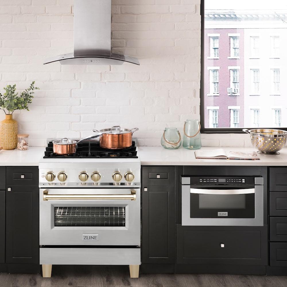 ZLINE Autograph Edition 30 in. 4.0 cu. ft. Legacy Dual Fuel Range with 4 Burner Gas Cooktop and Electric Convection Oven in Stainless Steel and Polished Gold Accents (RAZ-30-G) in a luxury kitchen.