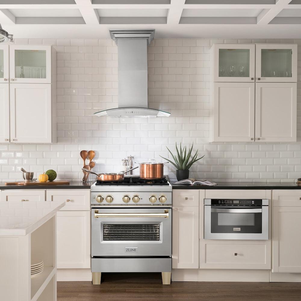 ZLINE Autograph Edition 30 in. 4.0 cu. ft. Legacy Dual Fuel Range with 4 Burner Gas Cooktop and Electric Convection Oven in Stainless Steel and Polished Gold Accents (RAZ-30-G) in a luxury kitchen.