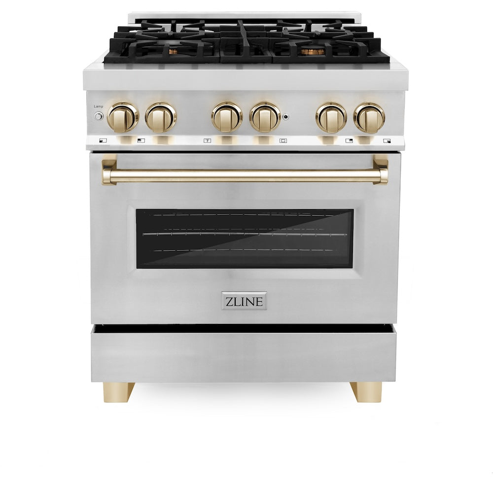 ZLINE 30 in. Autograph Edition Kitchen Package with Stainless Steel Dual Fuel Range, Range Hood, Dishwasher and Refrigeration with Polished Gold Accents (4AKPR-RARHDWM30-G)