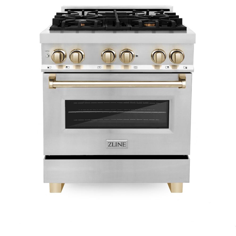 ZLINE Autograph Edition 30 in. 4.0 cu. ft. Legacy Dual Fuel Range with 4 Burner Gas Cooktop and Electric Convection Oven in Stainless Steel and Polished Gold Accents (RAZ-30-G)