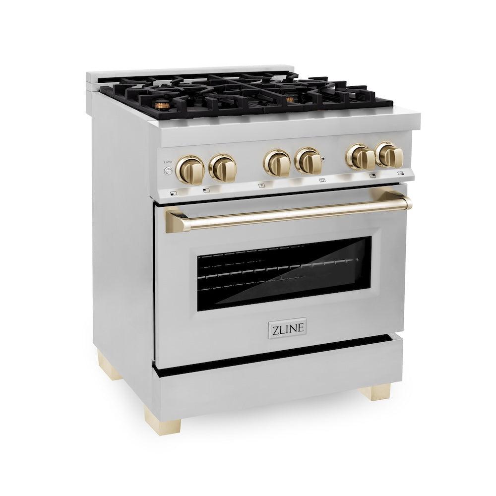 ZLINE Autograph Edition 30 in. 4.0 cu. ft. Legacy Dual Fuel Range with 4 Burner Gas Cooktop and Electric Convection Oven in Stainless Steel and Polished Gold Accents (RAZ-30-G) main image.