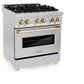 ZLINE Autograph Edition 30 in. 4.0 cu. ft. Legacy Dual Fuel Range with 4 Burner Gas Cooktop and Electric Convection Oven in Stainless Steel and Polished Gold Accents (RAZ-30-G) side, oven closed.