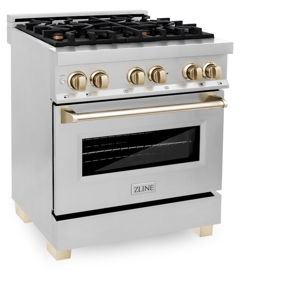 ZLINE Autograph Edition 30 in. 4.0 cu. ft. Legacy Dual Fuel Range with 4 Burner Gas Cooktop and Electric Convection Oven in Stainless Steel and Polished Gold Accents (RAZ-30-G) side, oven closed.