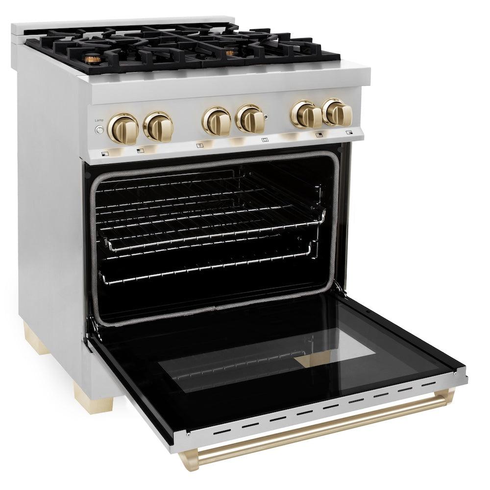 ZLINE Autograph Edition 30 in. 4.0 cu. ft. Legacy Dual Fuel Range with 4 Burner Gas Cooktop and Electric Convection Oven in Stainless Steel and Polished Gold Accents (RAZ-30-G)