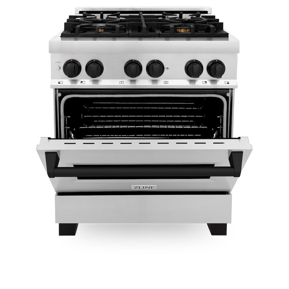 ZLINE Autograph Edition 30 in. 4.0 cu. ft. Dual Fuel Range with Gas Stove and Electric Oven in Stainless Steel with Matte Black Accents (RAZ-30-MB) front, oven half open.