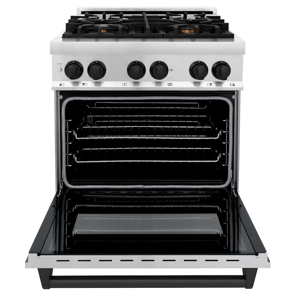 ZLINE Autograph Edition 30 in. 4.0 cu. ft. Dual Fuel Range with Gas Stove and Electric Oven in Stainless Steel with Matte Black Accents (RAZ-30-MB) front, oven open.